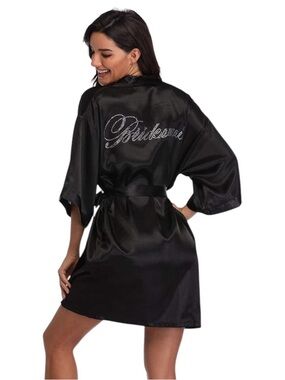 Icing Bridesmaid Black Rhinestone Satin Get Ready Robe Wedding Party Gift